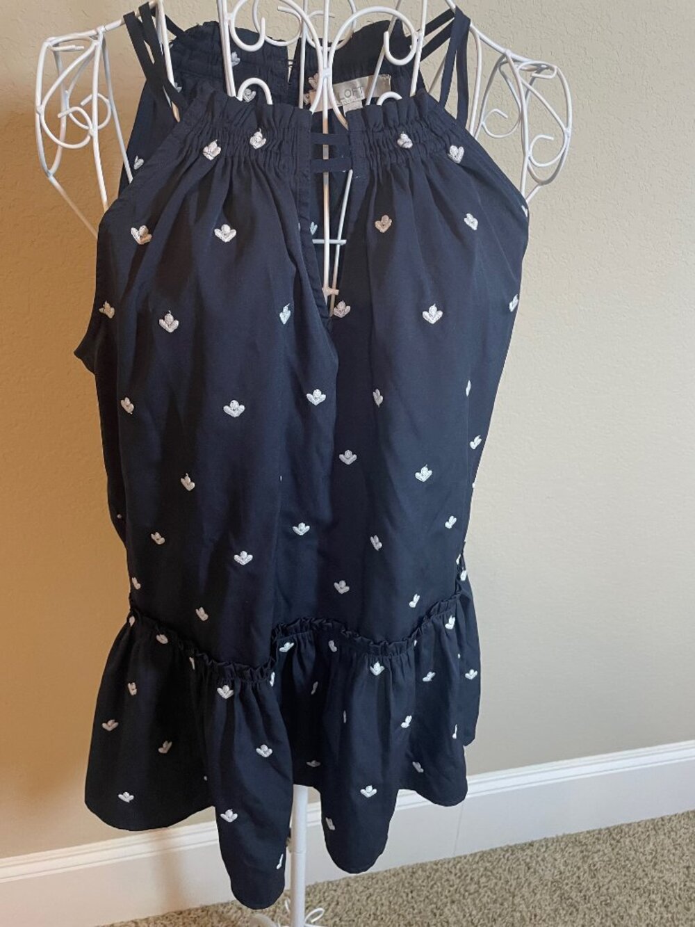 LOFT Navy/White Geometric Halter Sleeveless Peplum Blouse Ruffle Sz S
